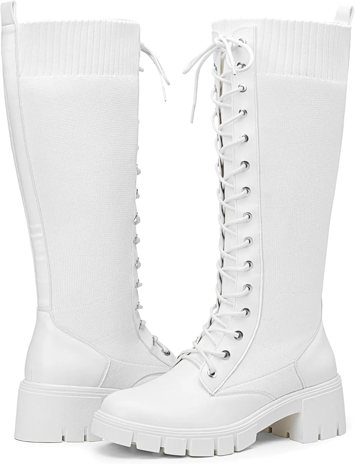 Vepose Women's 953 Lace Platform Combat Knee High Boots with Comfort Chunky Heel