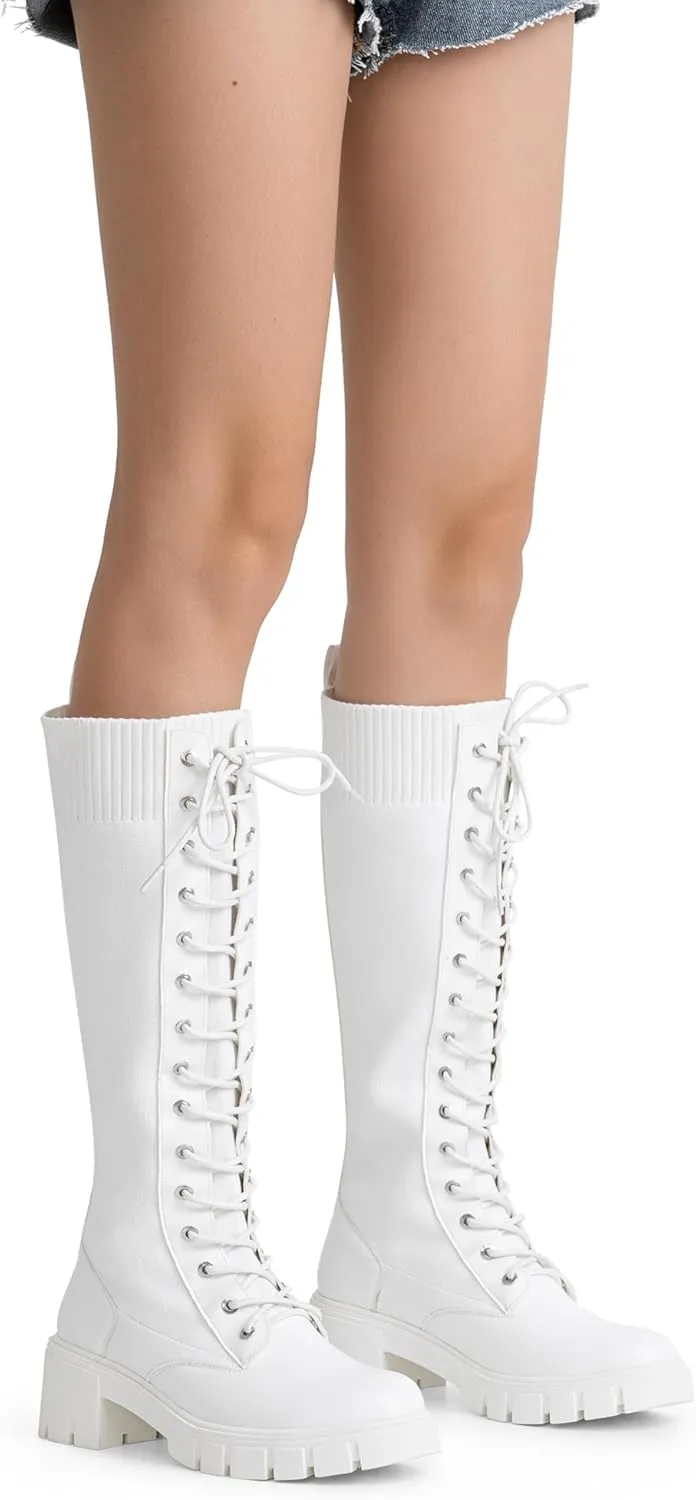 Vepose Women's 953 Lace Platform Combat Knee High Boots with Comfort Chunky Heel