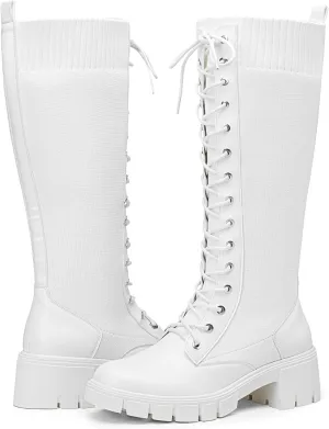 Vepose Women's 953 Lace Platform Combat Knee High Boots with Comfort Chunky Heel