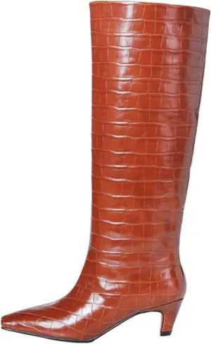 Vertundy Women's Knee High Boots Low Heel Wide Calf Tall Boots with Square Toe Classic Faux Crocodile Chunky Booties