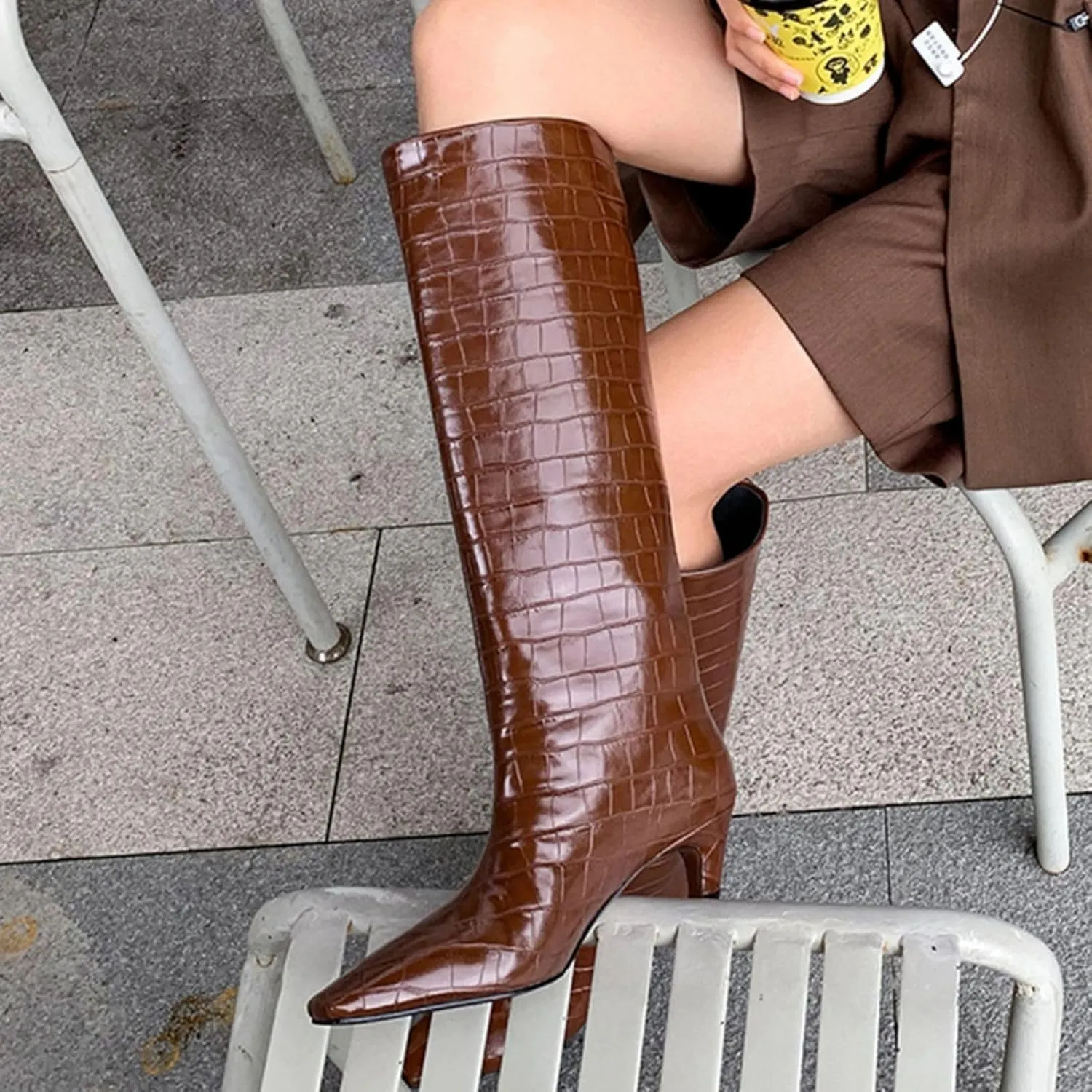 Vertundy Women's Knee High Boots Low Heel Wide Calf Tall Boots with Square Toe Classic Faux Crocodile Chunky Booties