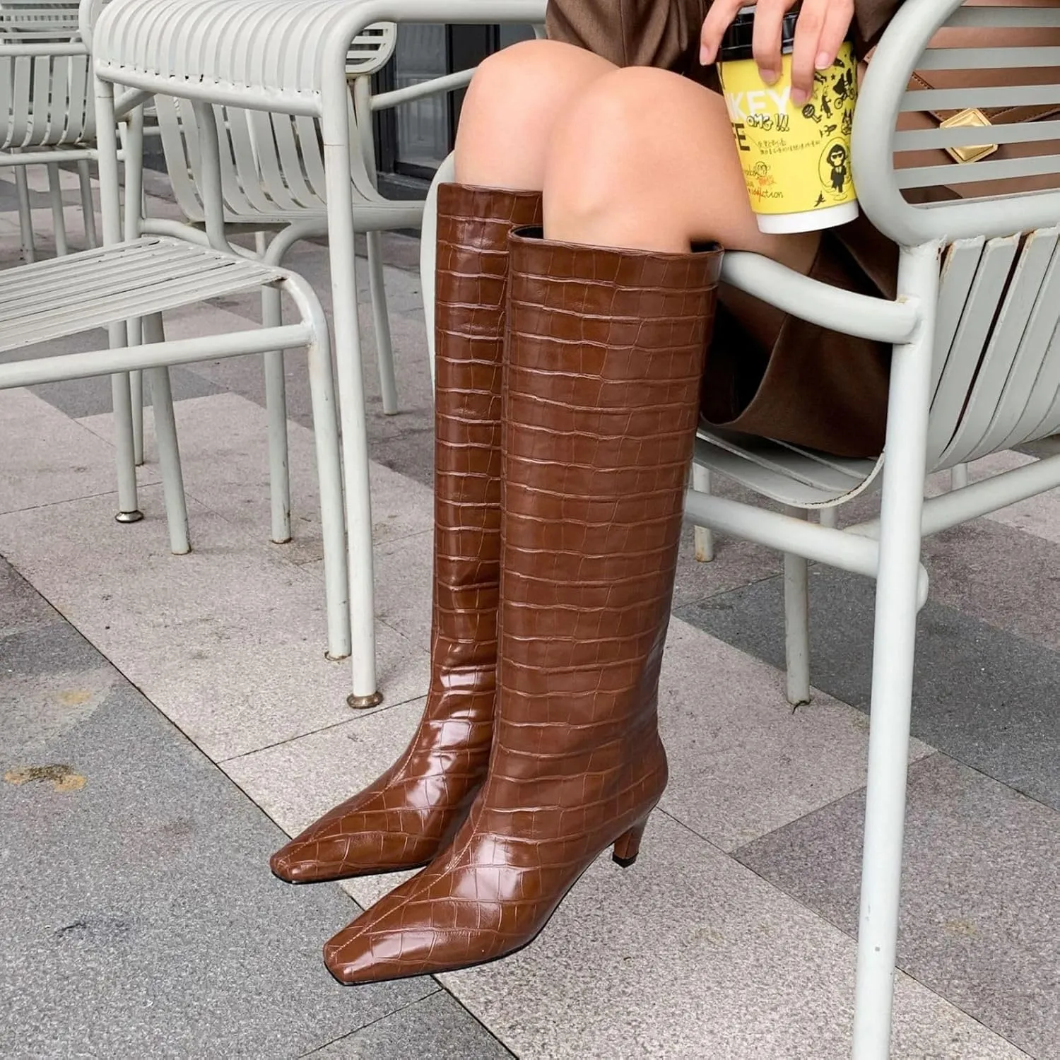 Vertundy Women's Knee High Boots Low Heel Wide Calf Tall Boots with Square Toe Classic Faux Crocodile Chunky Booties