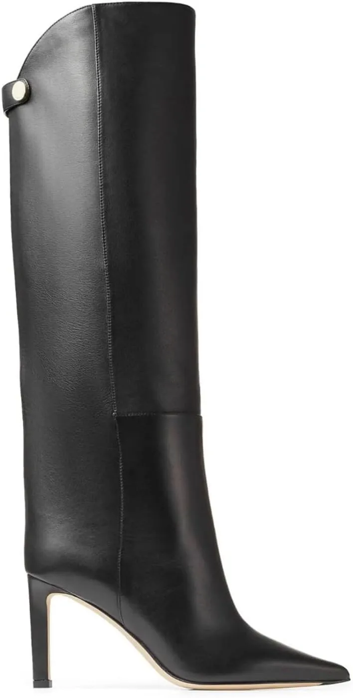 Vertundy Women's Leather Sexy Knee High Boots Pointed Toe Stiletto Boots Wide Calf Riding Boots Winter Tall boots