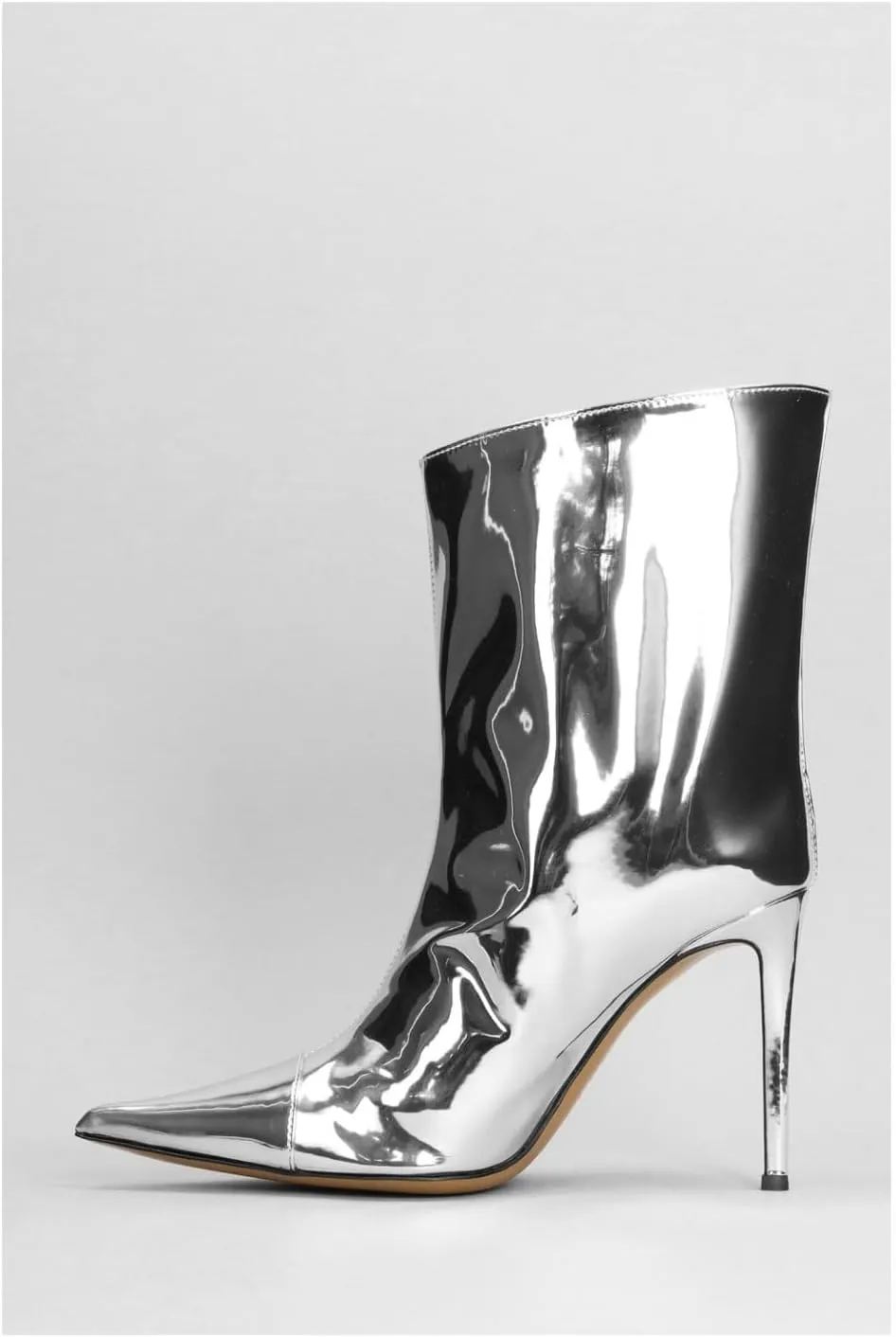 Vertundy Women's Metallic Knee High Boots Sexy Silver Pointed Toe Stiletto Booties Wide Calf High Heel Patent Leather Ankle Boots with Side Zipper
