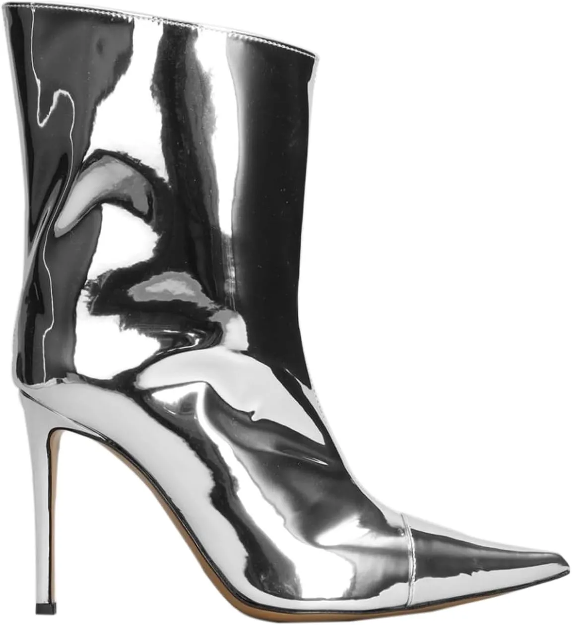 Vertundy Women's Metallic Knee High Boots Sexy Silver Pointed Toe Stiletto Booties Wide Calf High Heel Patent Leather Ankle Boots with Side Zipper