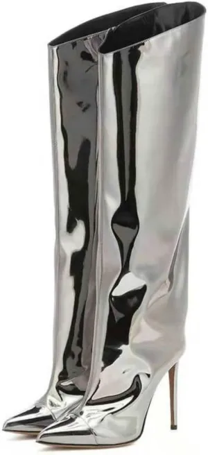 Vertundy Women's Metallic Knee High Boots Sexy Silver Pointed Toe Stiletto Booties Wide Calf High Heel Patent Leather Ankle Boots with Side Zipper