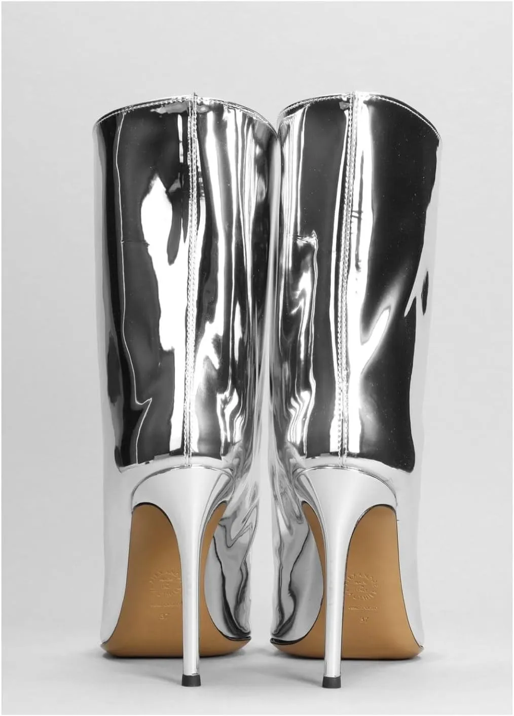 Vertundy Women's Metallic Knee High Boots Sexy Silver Pointed Toe Stiletto Booties Wide Calf High Heel Patent Leather Ankle Boots with Side Zipper