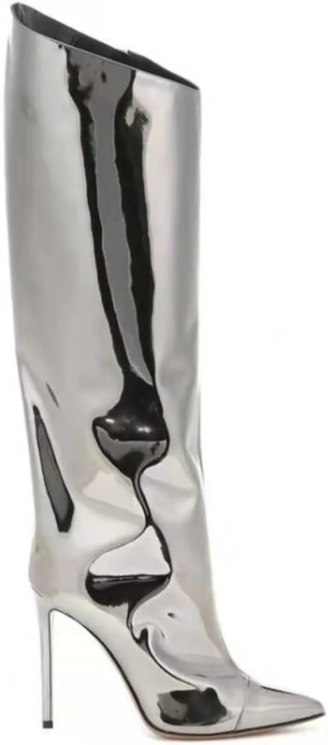 Vertundy Women's Metallic Knee High Boots Sexy Silver Pointed Toe Stiletto Booties Wide Calf High Heel Patent Leather Ankle Boots with Side Zipper