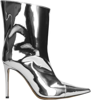 Vertundy Women's Metallic Knee High Boots Sexy Silver Pointed Toe Stiletto Booties Wide Calf High Heel Patent Leather Ankle Boots with Side Zipper