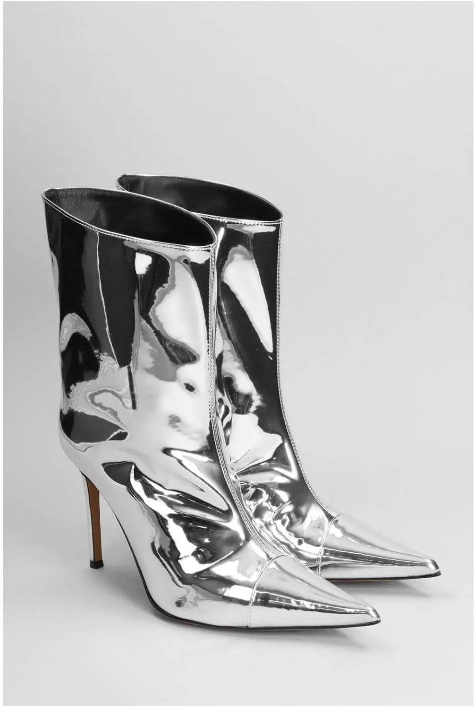 Vertundy Women's Metallic Knee High Boots Sexy Silver Pointed Toe Stiletto Booties Wide Calf High Heel Patent Leather Ankle Boots with Side Zipper