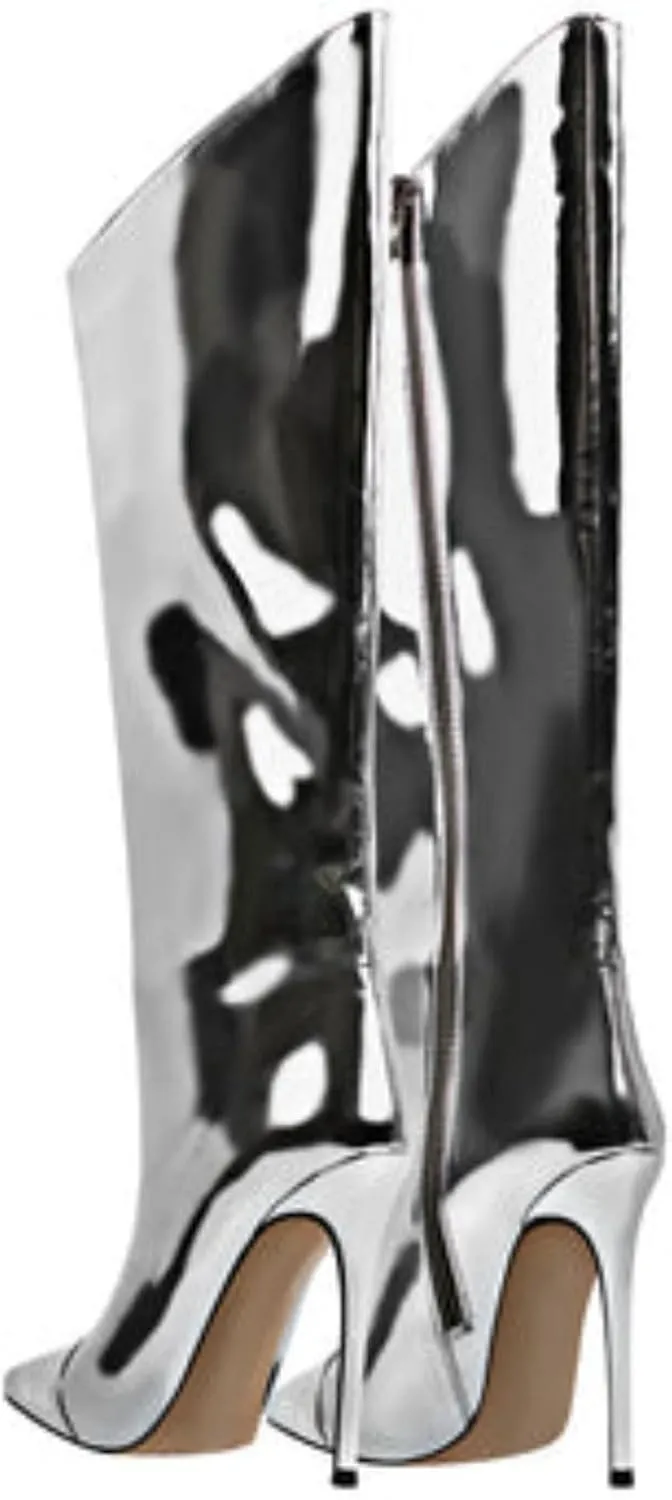 Vertundy Women's Metallic Knee High Boots Sexy Silver Pointed Toe Stiletto Booties Wide Calf High Heel Patent Leather Ankle Boots with Side Zipper