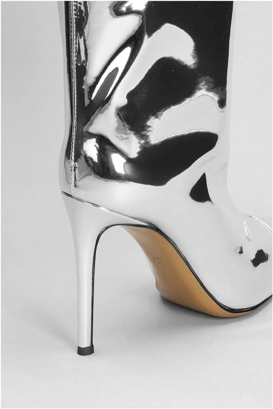 Vertundy Women's Metallic Knee High Boots Sexy Silver Pointed Toe Stiletto Booties Wide Calf High Heel Patent Leather Ankle Boots with Side Zipper