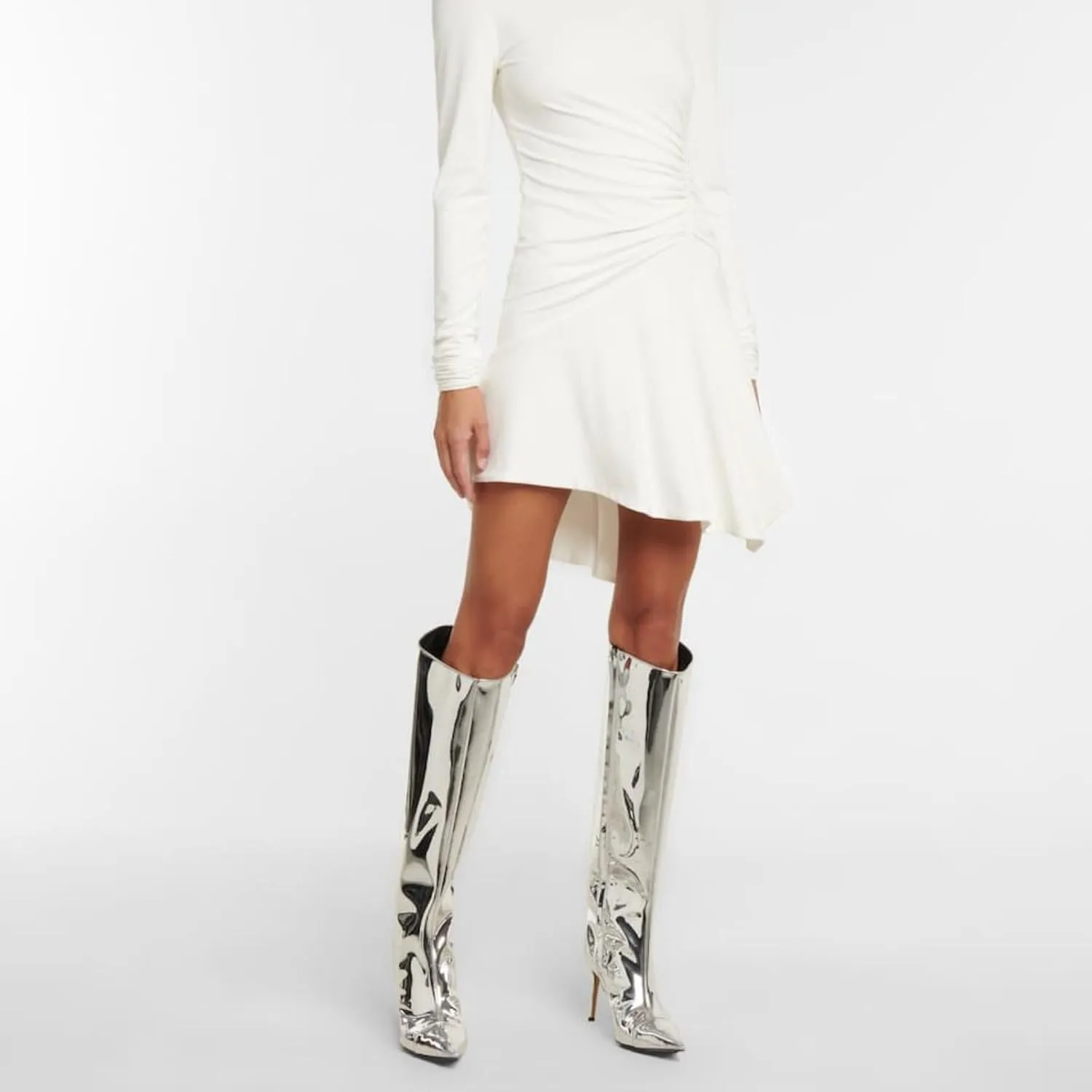 Vertundy Women's Metallic Knee High Boots Sexy Silver Pointed Toe Stiletto Booties Wide Calf High Heel Patent Leather Ankle Boots with Side Zipper