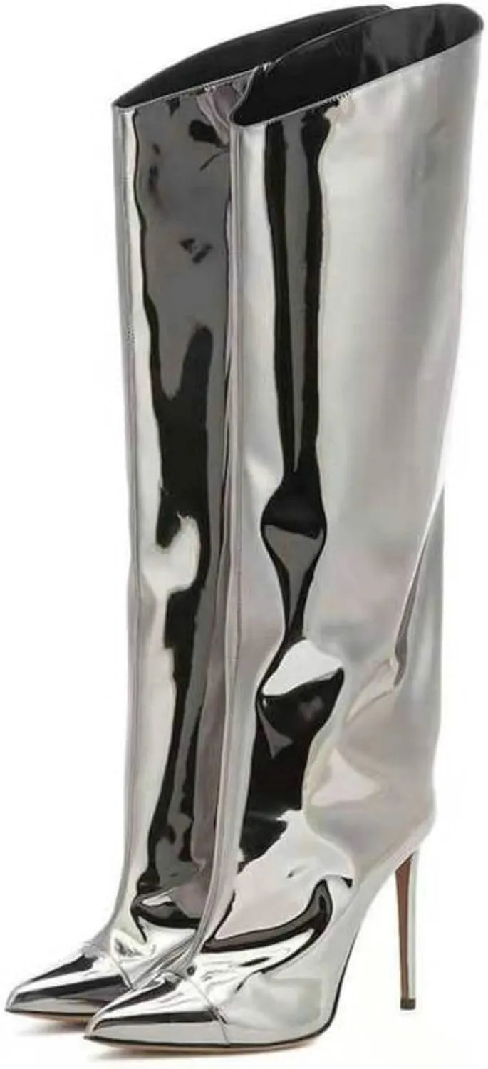 Vertundy Women's Metallic Knee High Boots Sexy Silver Pointed Toe Stiletto Booties Wide Calf High Heel Patent Leather Ankle Boots with Side Zipper