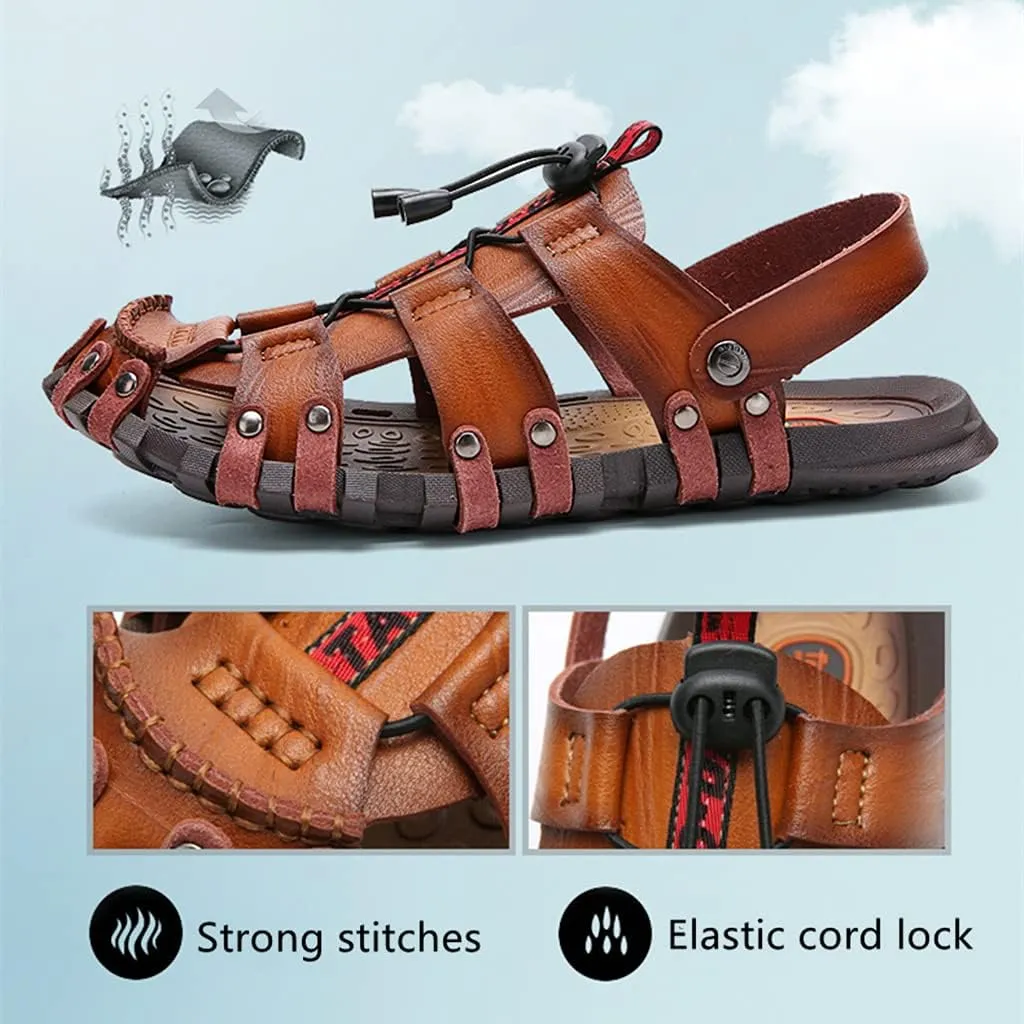 Veslexth Men's Cool Fisherman Sandals Summer Leather Outdoor Comfortable Slippers Casual Beach Swimming Shoes