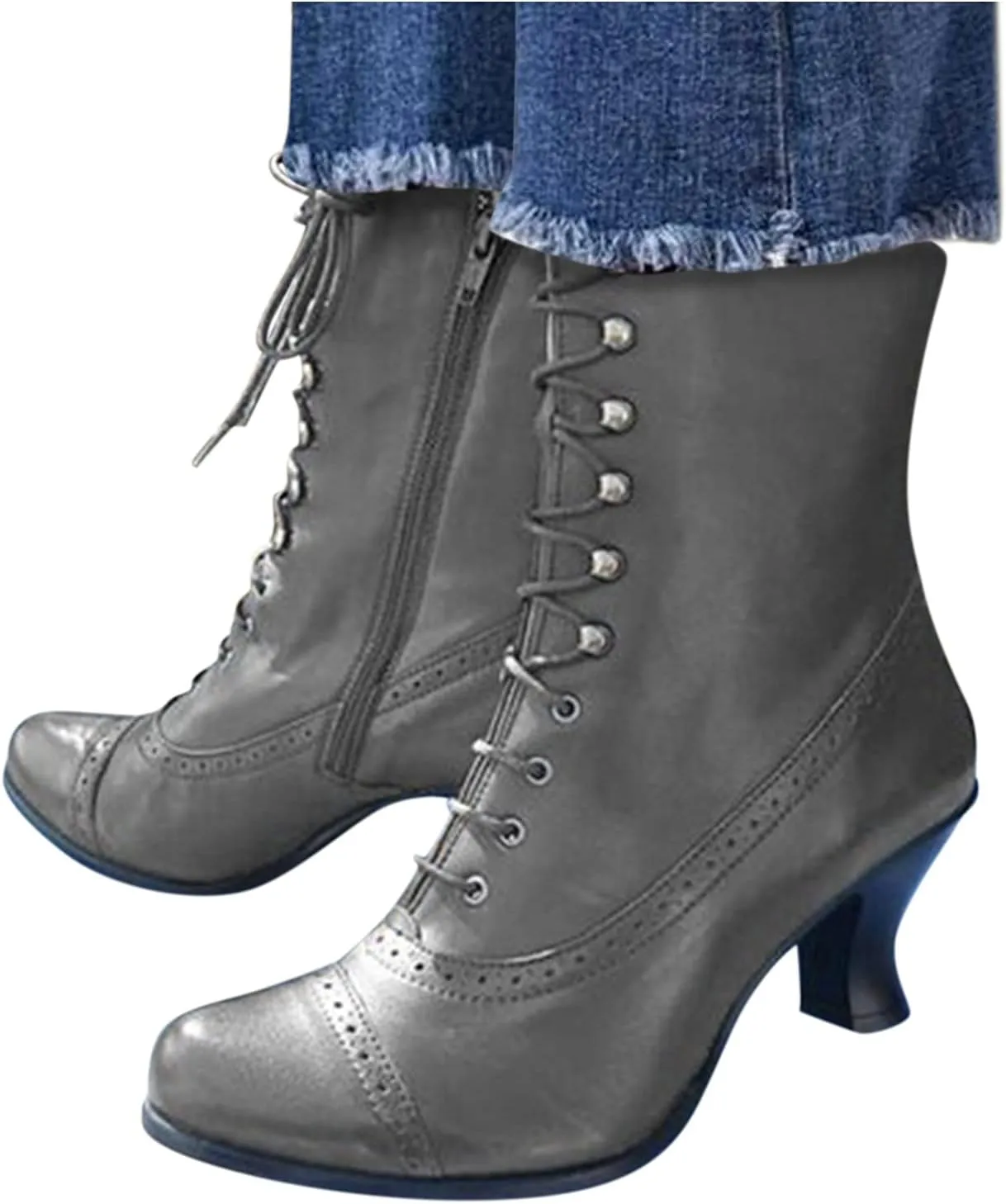 Victorian Women Renaissance Witch Booties Lace Up Western Cowboy Boots for Women Stacked Heeled Mid Calf Boots Lace Up Ankle Booties Comfy Walking Dressy Shoes