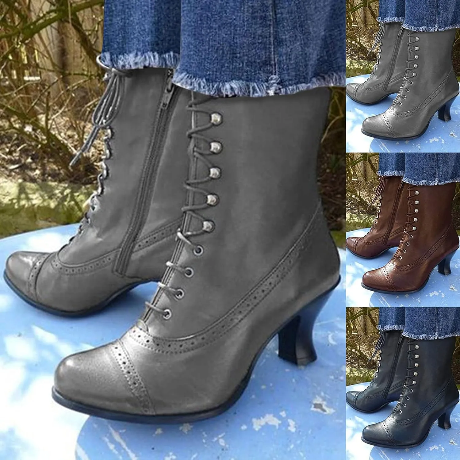 Victorian Women Renaissance Witch Booties Lace Up Western Cowboy Boots for Women Stacked Heeled Mid Calf Boots Lace Up Ankle Booties Comfy Walking Dressy Shoes