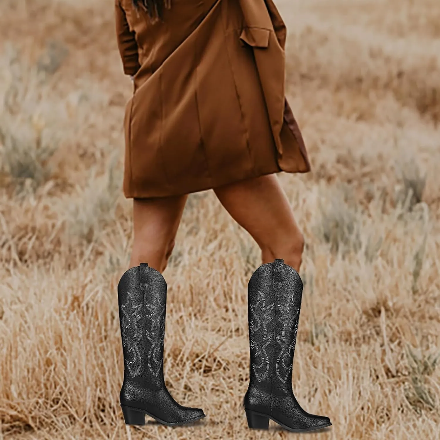 VIMISAOI Cowboy Boots for Women - Knee High, Pointed Toe, Wide Calf Western White Cowgirl Tall Boots