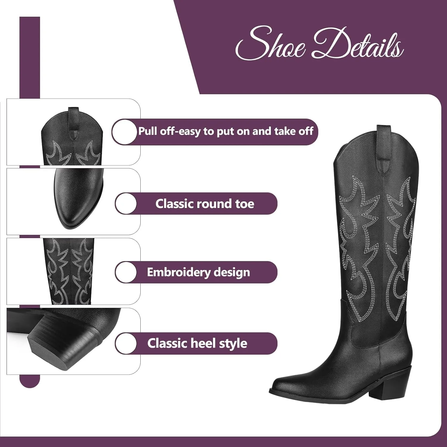 VIMISAOI Cowboy Boots for Women - Knee High, Pointed Toe, Wide Calf Western White Cowgirl Tall Boots