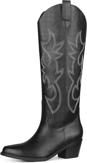 VIMISAOI Cowboy Boots for Women - Knee High, Pointed Toe, Wide Calf Western White Cowgirl Tall Boots