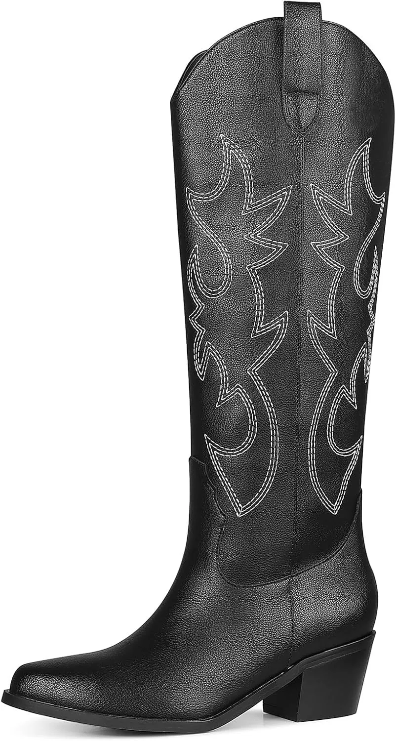VIMISAOI Cowboy Boots for Women - Knee High, Pointed Toe, Wide Calf Western White Cowgirl Tall Boots