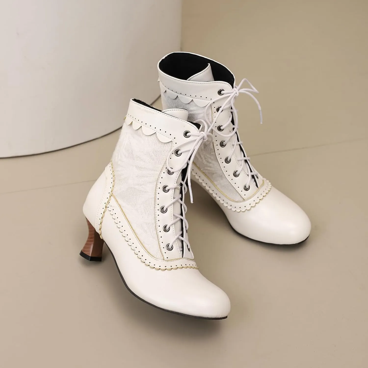 Vintage Victorian Boots for Women Kitten Heel Lace Ruffles Granny Boots Lace Up Ankle-High Booties