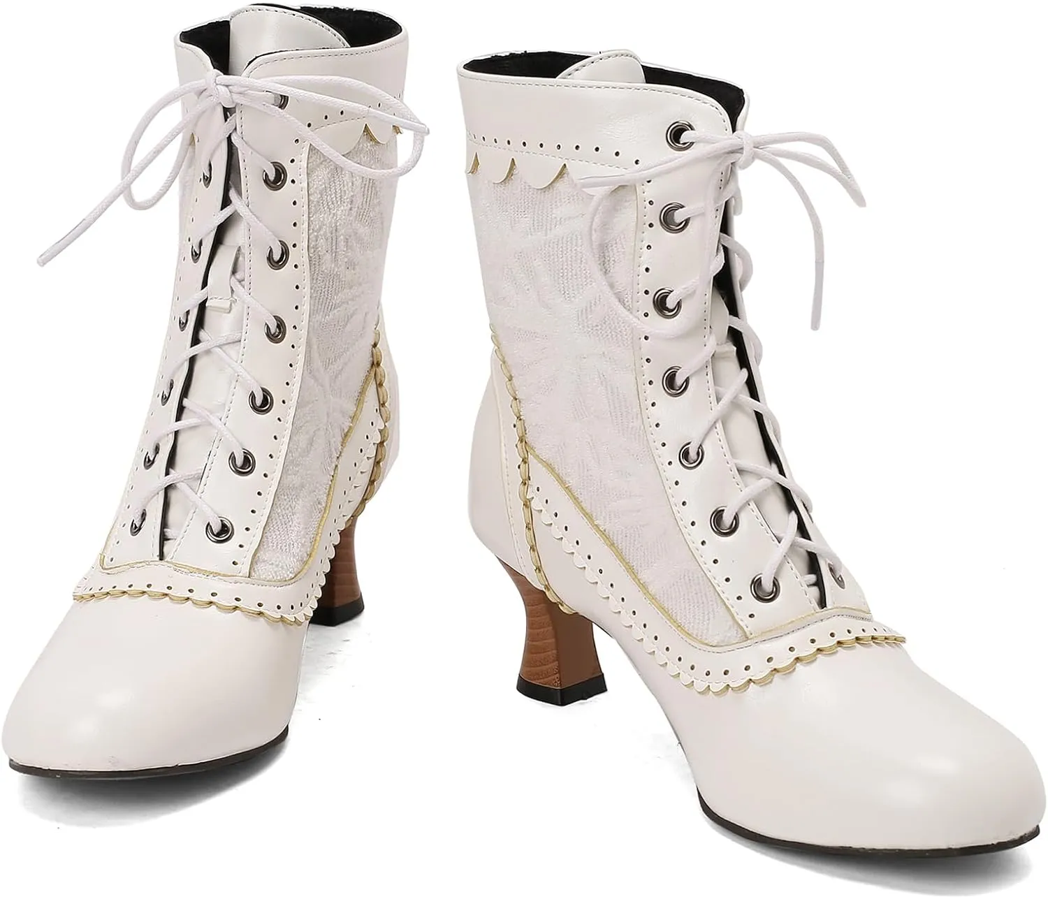 Vintage Victorian Boots for Women Kitten Heel Lace Ruffles Granny Boots Lace Up Ankle-High Booties
