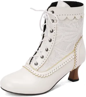 Vintage Victorian Boots for Women Kitten Heel Lace Ruffles Granny Boots Lace Up Ankle-High Booties