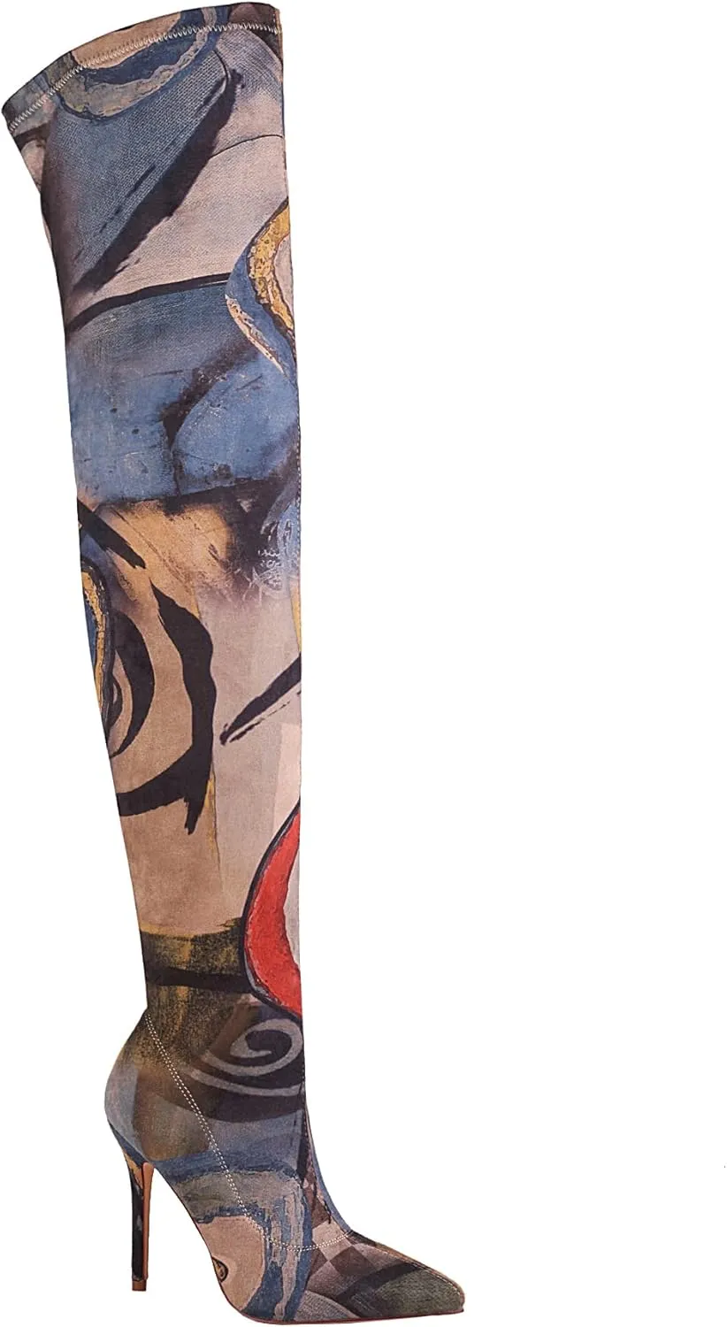 vivianly Women's Sexy Printed Stretchy Thigh High Boots Pointy Toe Stiletto Heel Booties Over The Knee High Heel Boot