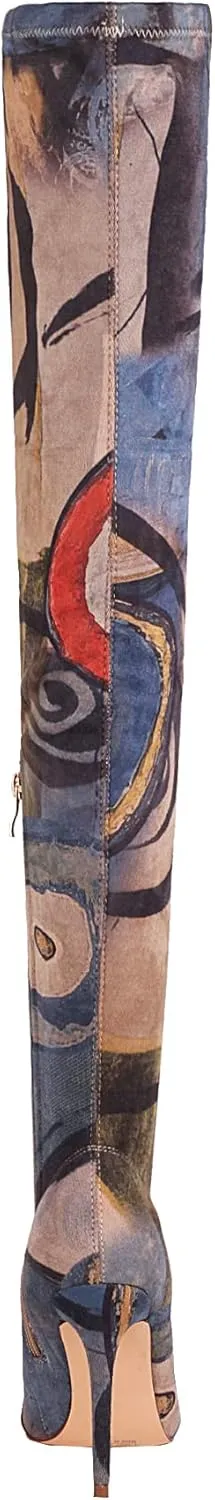 vivianly Women's Sexy Printed Stretchy Thigh High Boots Pointy Toe Stiletto Heel Booties Over The Knee High Heel Boot
