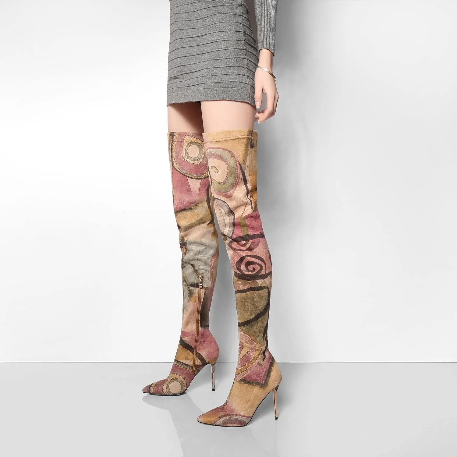 vivianly Women's Sexy Printed Stretchy Thigh High Boots Pointy Toe Stiletto Heel Booties Over The Knee High Heel Boot