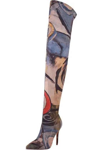 vivianly Women's Sexy Printed Stretchy Thigh High Boots Pointy Toe Stiletto Heel Booties Over The Knee High Heel Boot