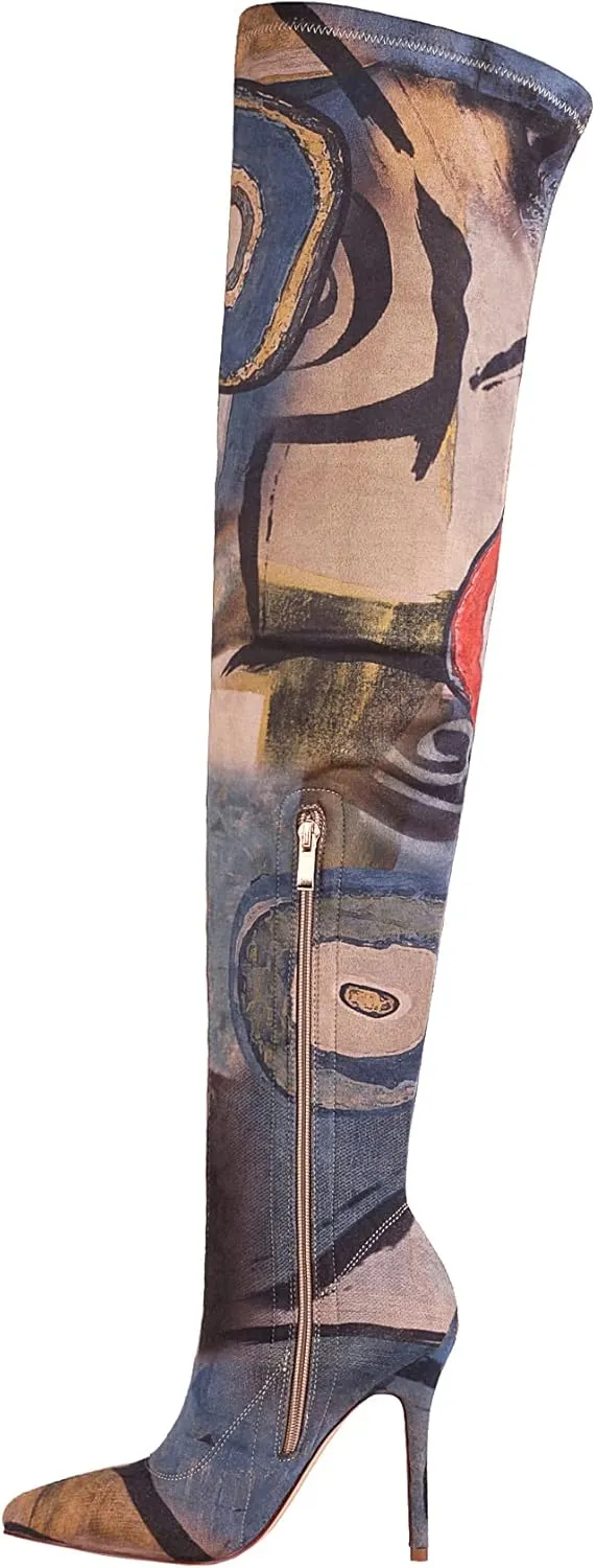 vivianly Women's Sexy Printed Stretchy Thigh High Boots Pointy Toe Stiletto Heel Booties Over The Knee High Heel Boot