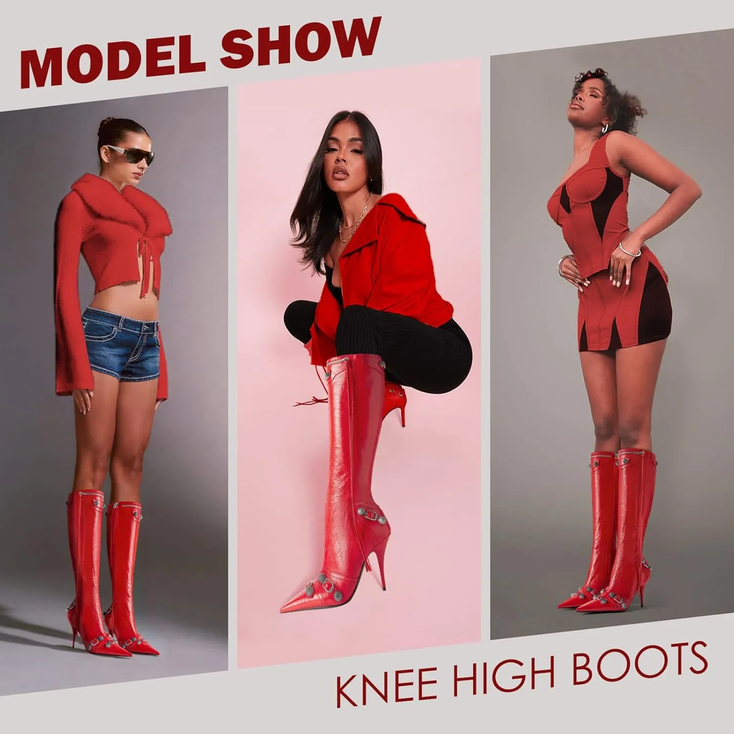 VOMIRA Knee High Boots Sexy Pointed Toe Rivets Tassels Stilettos High Heels Fashion Party Dressy Stripper Heels for Women