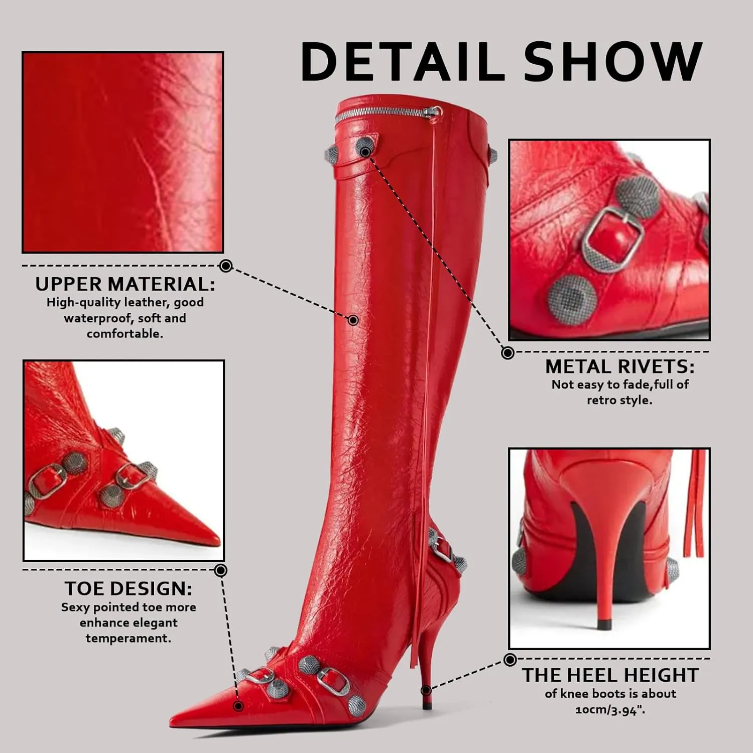 VOMIRA Knee High Boots Sexy Pointed Toe Rivets Tassels Stilettos High Heels Fashion Party Dressy Stripper Heels for Women