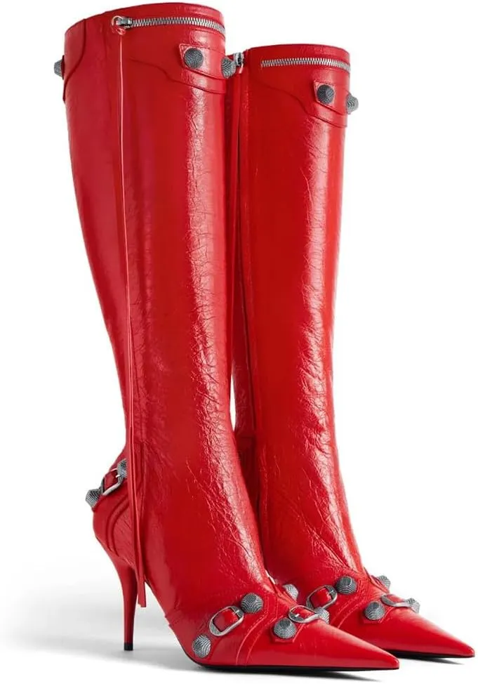 VOMIRA Knee High Boots Sexy Pointed Toe Rivets Tassels Stilettos High Heels Fashion Party Dressy Stripper Heels for Women