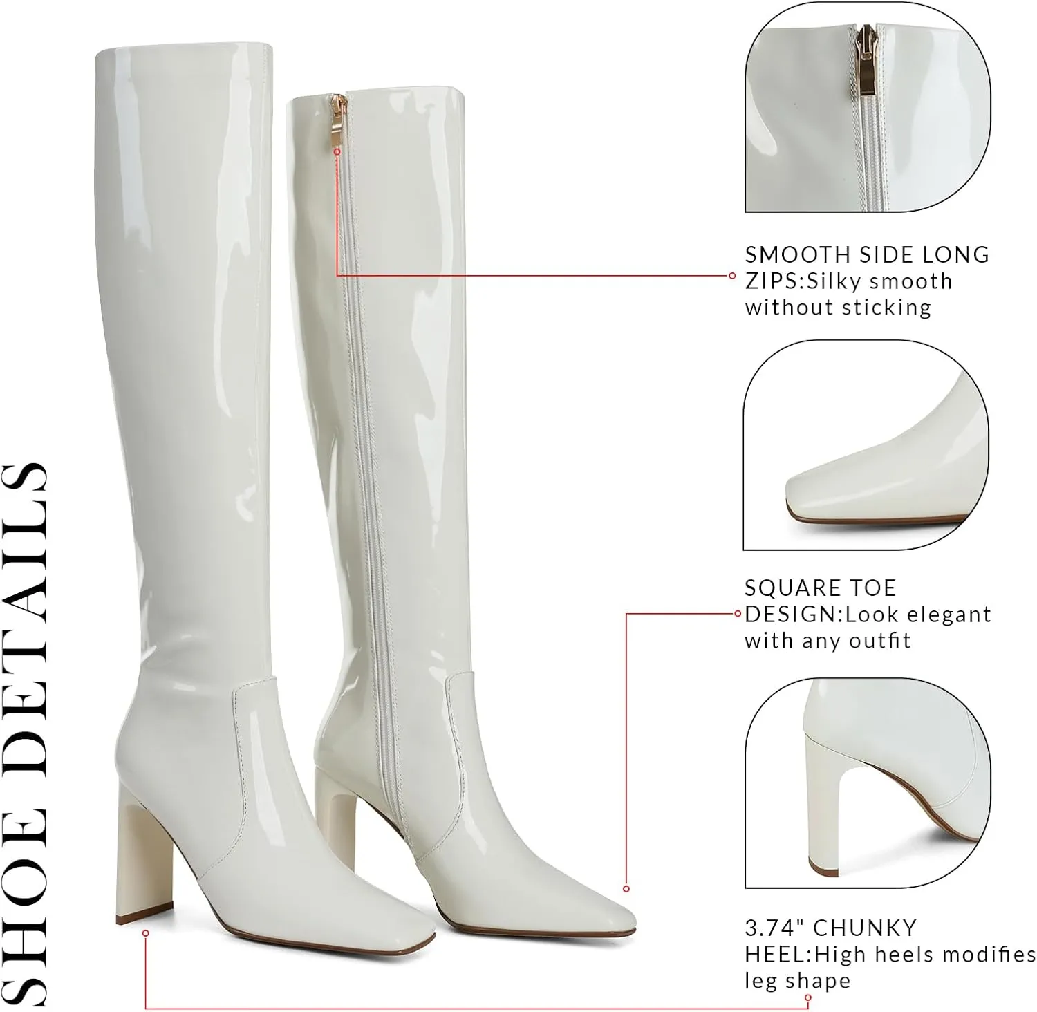 VOMIRA Knee High Boots Women Chunky Heel Square Toe Black Boots for Women High Heel Side Zipper Dress Long Boots Stretch Leather Tall Boots