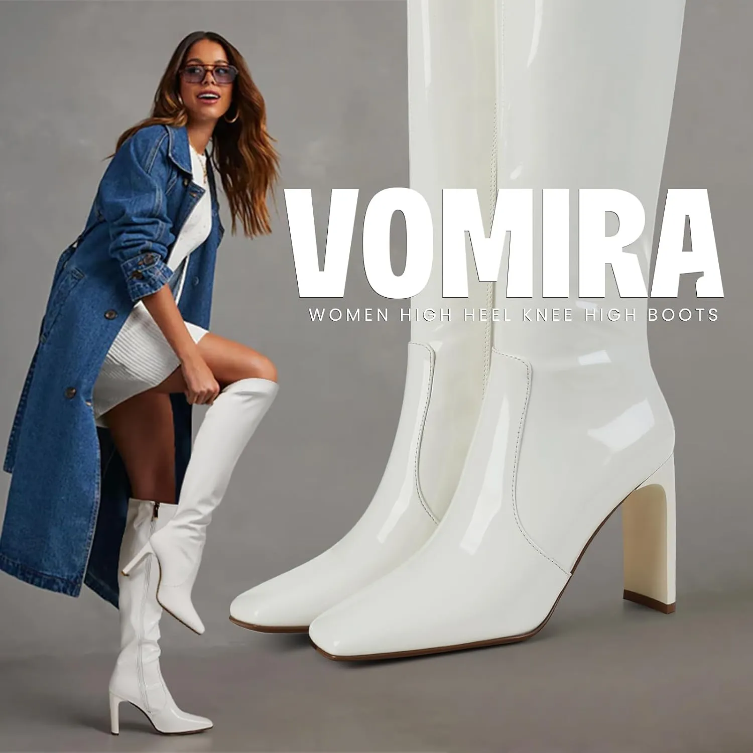 VOMIRA Knee High Boots Women Chunky Heel Square Toe Black Boots for Women High Heel Side Zipper Dress Long Boots Stretch Leather Tall Boots