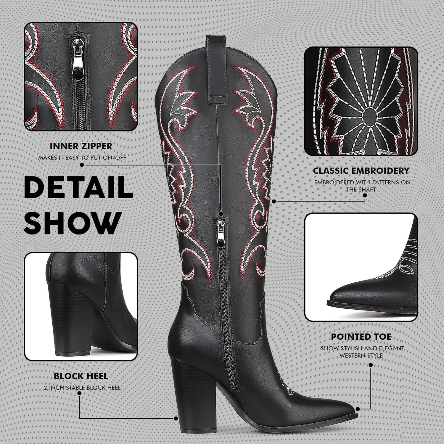 VOMIRA Knee High Cowboy Boots for Women Pointed Toe Chunky High Heels Pull-on Embroidered Boots Western Boots Wide Calf Cowgirl Boots