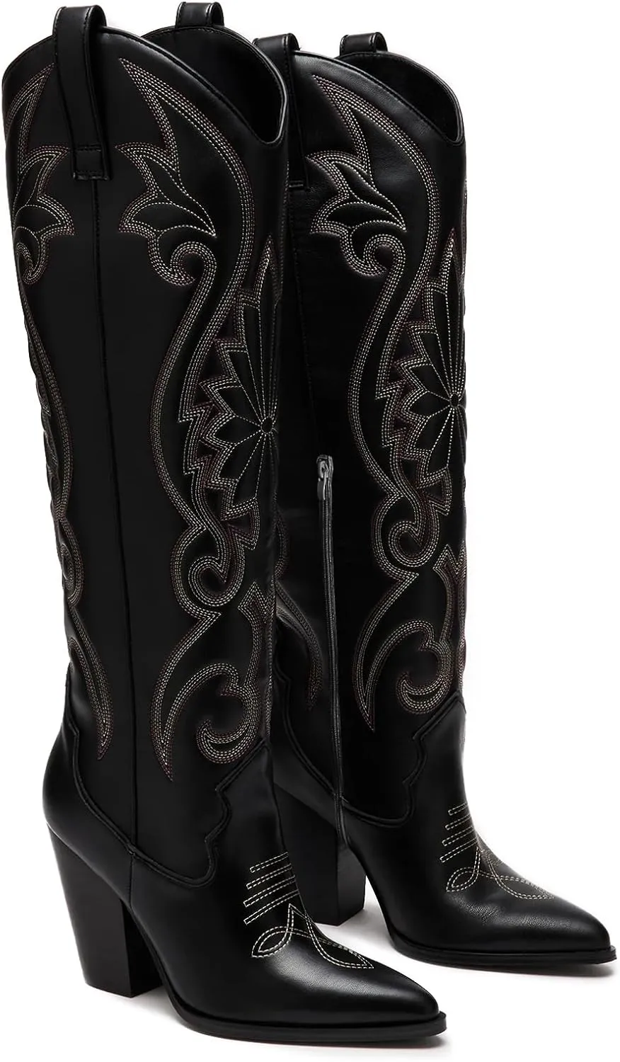 VOMIRA Knee High Cowboy Boots for Women Pointed Toe Chunky High Heels Pull-on Embroidered Boots Western Boots Wide Calf Cowgirl Boots