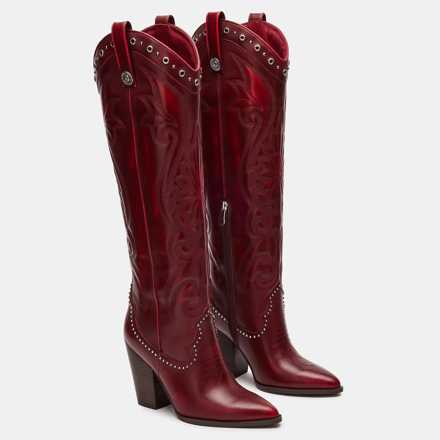 VOMIRA Knee High Cowboy Boots for Women Pointed Toe Chunky High Heels Pull-on Embroidered Boots Western Boots Wide Calf Cowgirl Boots