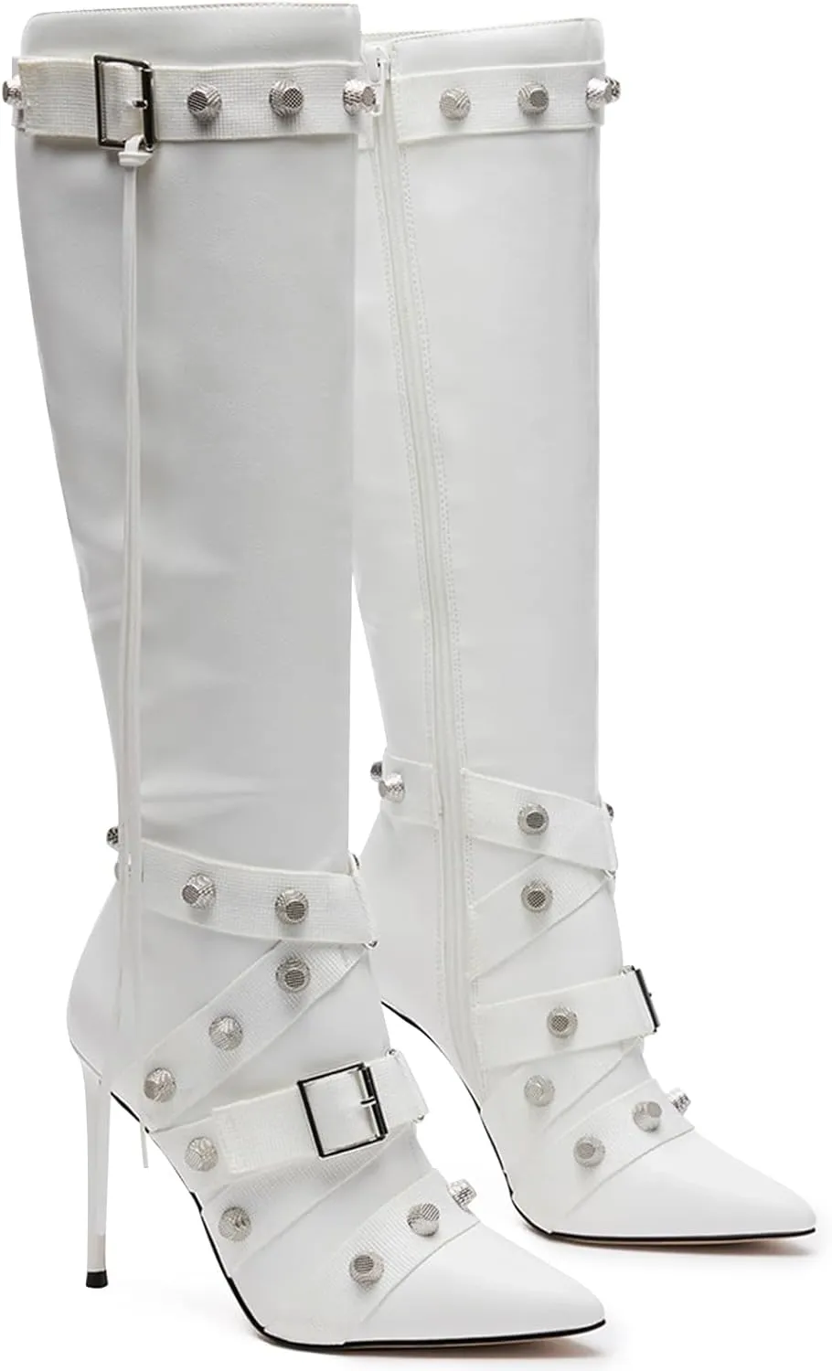 VOMIRA Stiletto Boots for Women Knee High Boots Pointy Toe High Heels Side Zipper Bucke Revets Tassel Boots Sexy Ladies Dressy Party Boots
