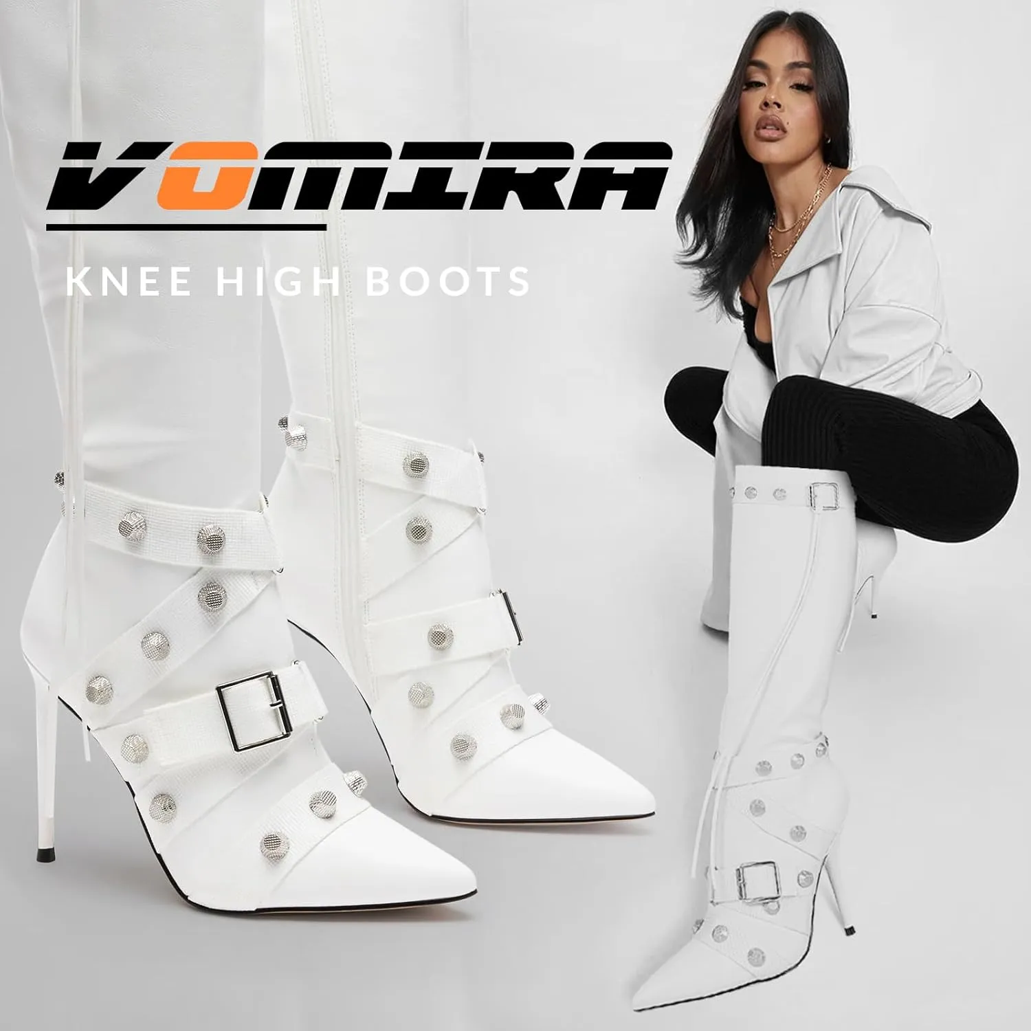 VOMIRA Stiletto Boots for Women Knee High Boots Pointy Toe High Heels Side Zipper Bucke Revets Tassel Boots Sexy Ladies Dressy Party Boots