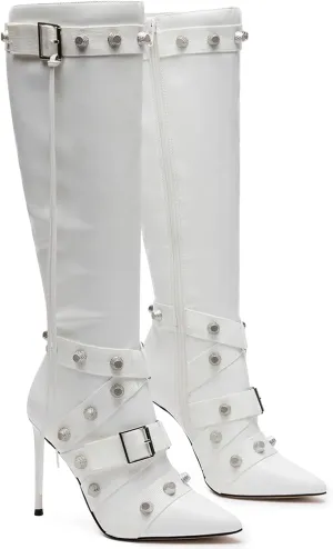 VOMIRA Stiletto Boots for Women Knee High Boots Pointy Toe High Heels Side Zipper Bucke Revets Tassel Boots Sexy Ladies Dressy Party Boots