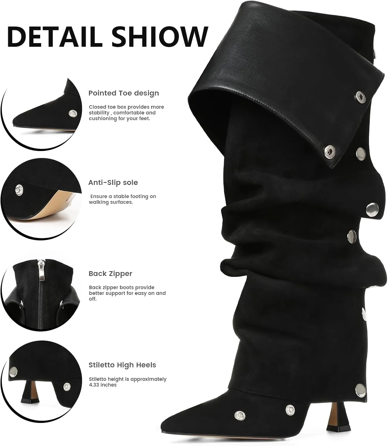VOMIRA Women's Knee High Boots Stiletto Boots Pointed Toe High Heels Wide Calf Ruched Slouchy Boots Detachable Snap-off Panel Mid Calf Boots Black Boots