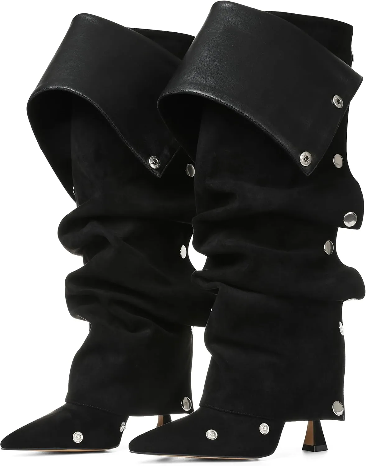 VOMIRA Women's Knee High Boots Stiletto Boots Pointed Toe High Heels Wide Calf Ruched Slouchy Boots Detachable Snap-off Panel Mid Calf Boots Black Boots