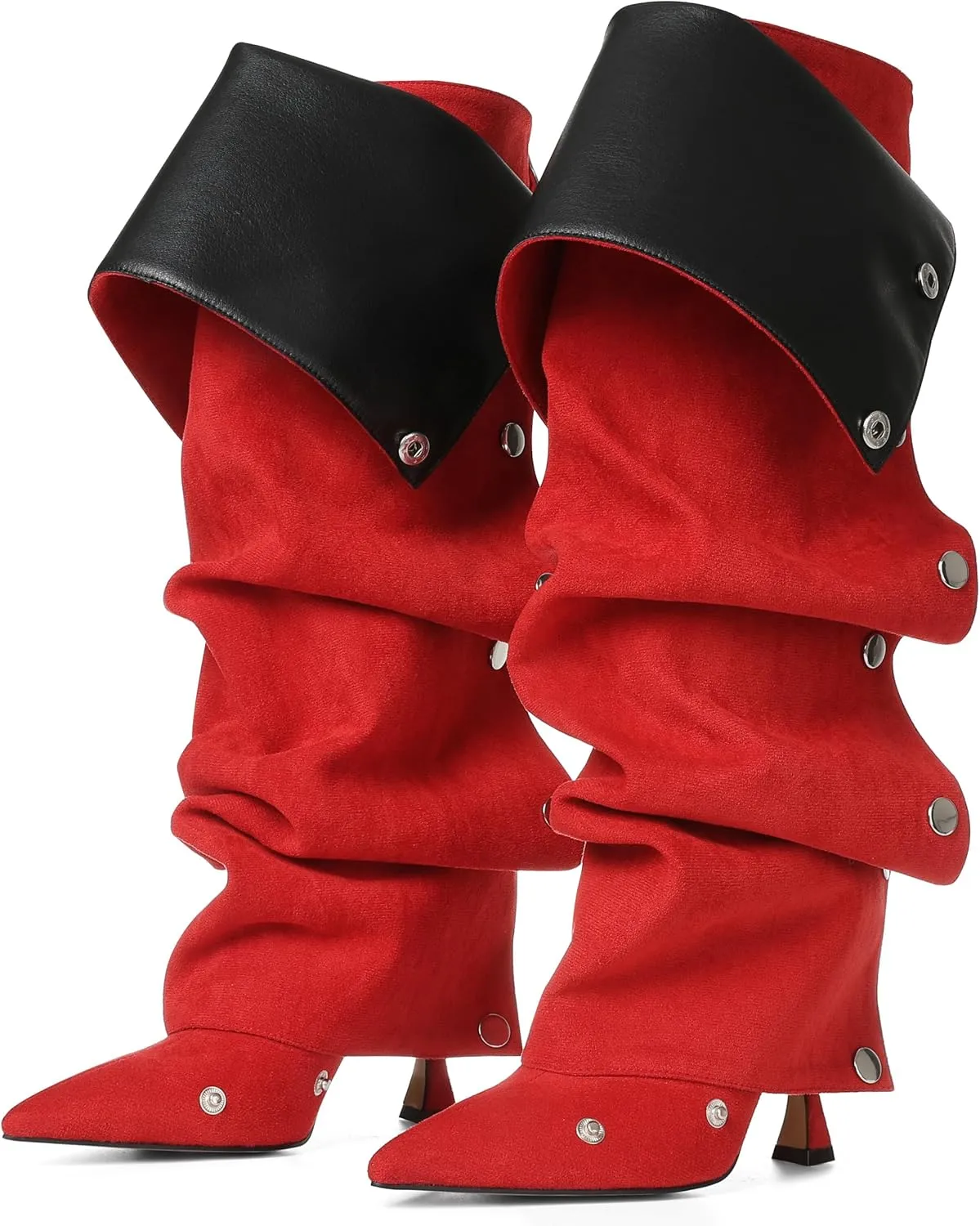 VOMIRA Women's Knee High Boots Stiletto Boots Pointed Toe High Heels Wide Calf Ruched Slouchy Boots Detachable Snap-off Panel Mid Calf Boots Black Boots