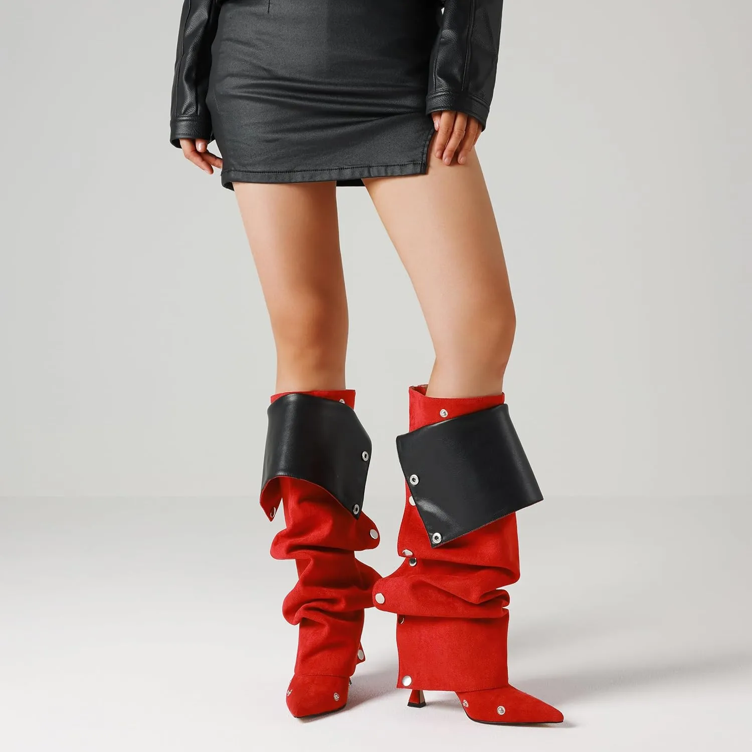 VOMIRA Women's Knee High Boots Stiletto Boots Pointed Toe High Heels Wide Calf Ruched Slouchy Boots Detachable Snap-off Panel Mid Calf Boots Black Boots