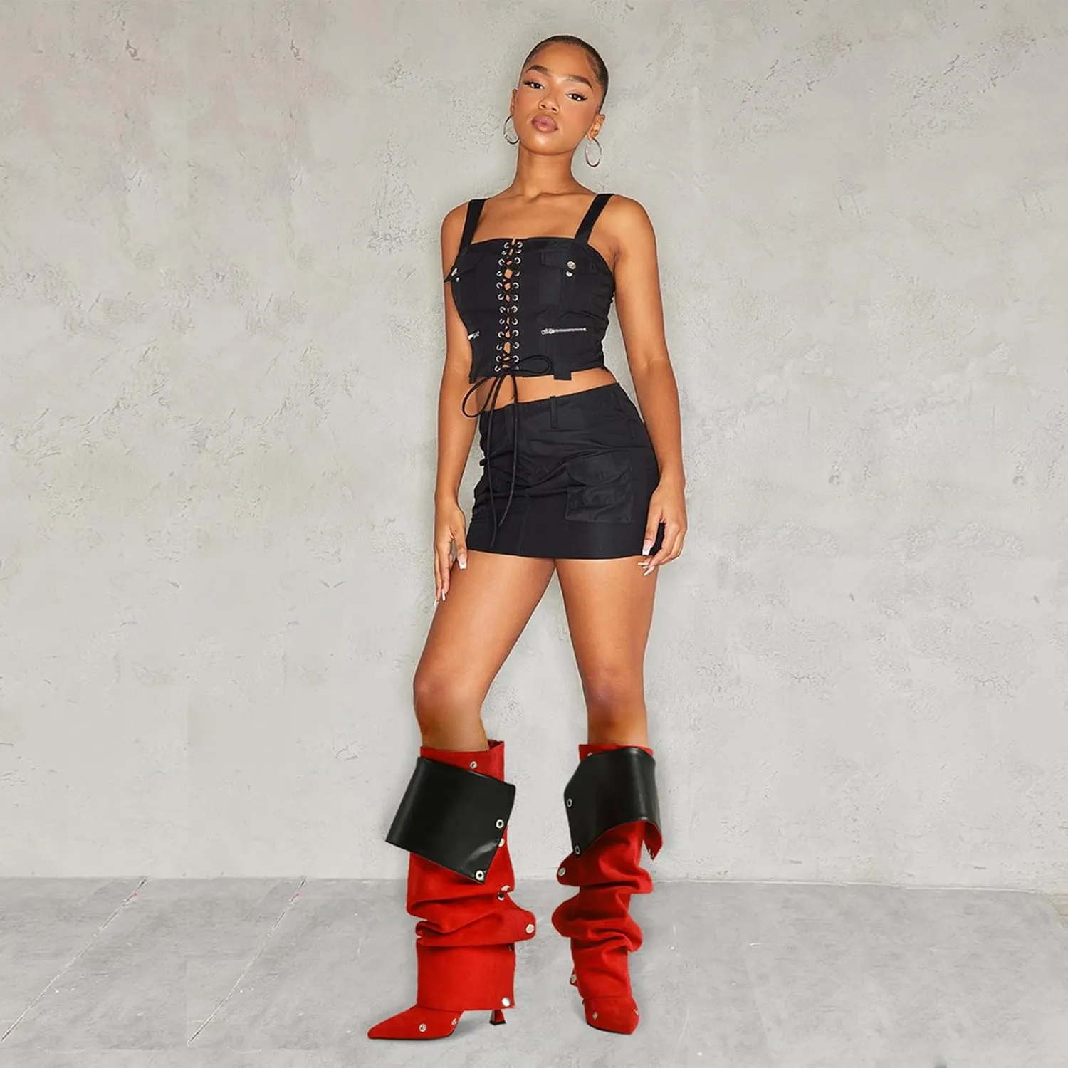 VOMIRA Women's Knee High Boots Stiletto Boots Pointed Toe High Heels Wide Calf Ruched Slouchy Boots Detachable Snap-off Panel Mid Calf Boots Black Boots