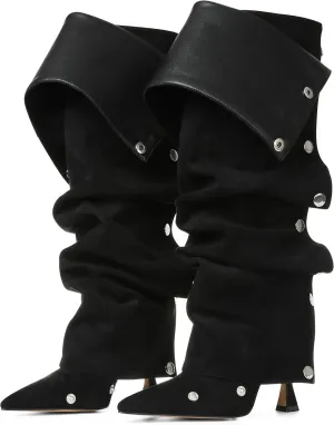 VOMIRA Women's Knee High Boots Stiletto Boots Pointed Toe High Heels Wide Calf Ruched Slouchy Boots Detachable Snap-off Panel Mid Calf Boots Black Boots